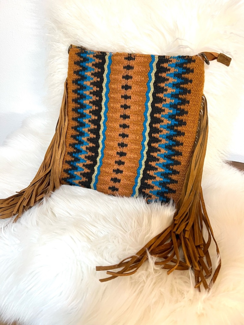 Southwest Fringe Leather Shoulder Bag, Saddle Blanket Bag No Strap